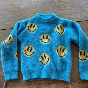 Lola + The Boys Teal Fuzzy Sweater with Yellow Smiley Motifs